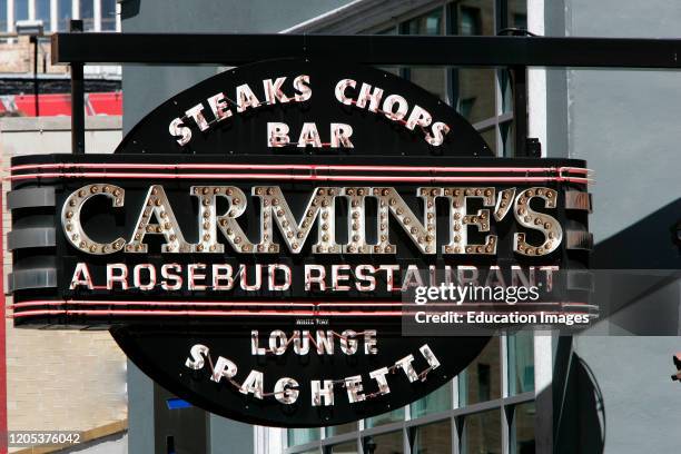 Carmines steak chop bar and lounge restaurant sign Gold Coast Chicago Illinois USA.