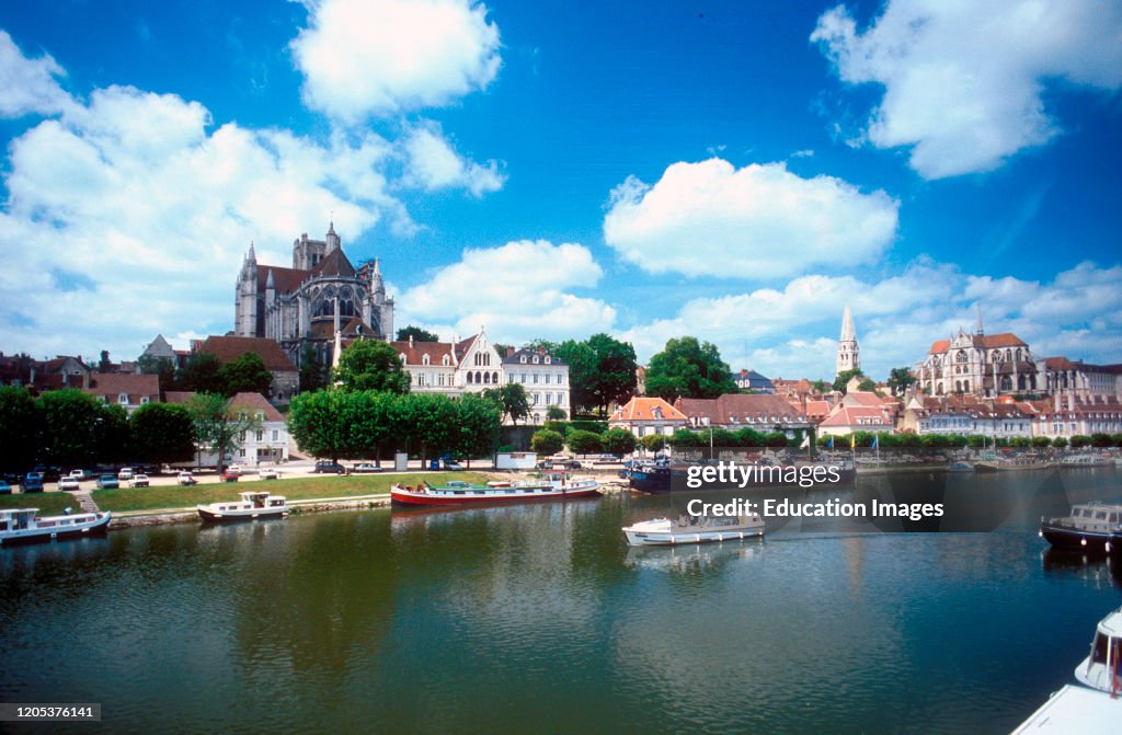 Auxerre on the Yonne River and St Etienne Gothic cathedral France