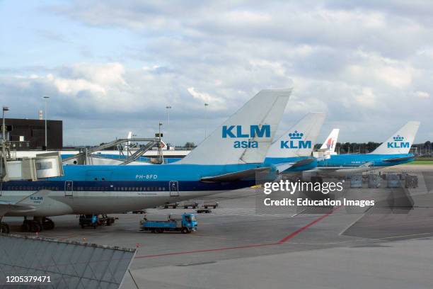 Boeing 747 parked at Schiphol International Airport Amsterdam The Netherlands.