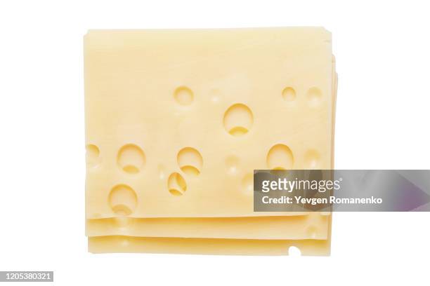cheese slices isolated on white background - swiss cheese foto e immagini stock
