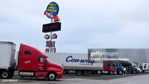 Trucks parked worlds largest truck stop Iowa 80 Walcott Iowa USA.