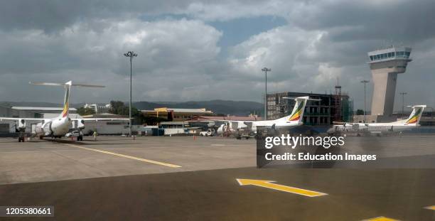 Dash 8 aircraft parked Addis Ababa Bole International Airport Ethiopia.