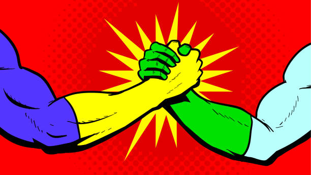 vector superhero bro handshake stock illustration - cartoons and comics stock illustrations