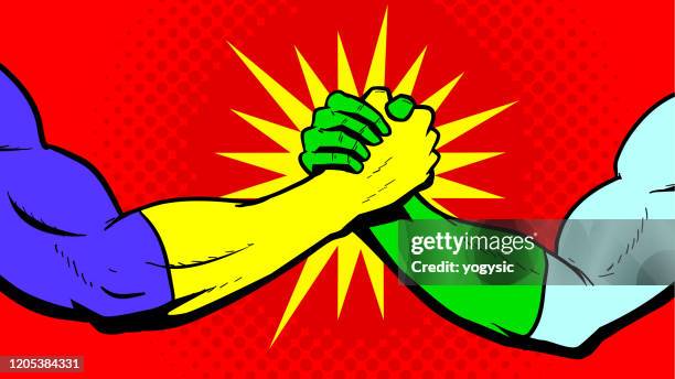 vector superhero bro handshake stock illustration - muscular stock illustrations