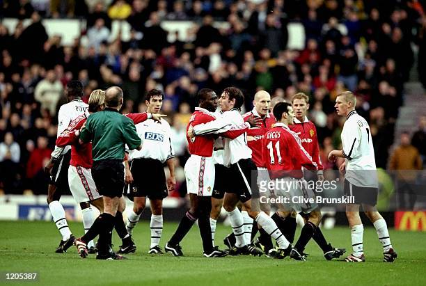 Tempers flare between Manchester United and Derby County during the FA Carling Premiership match at Pride Park in Derby, England. United won 2-1. \...