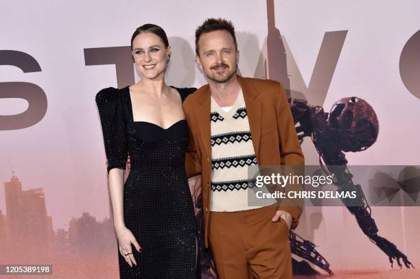 Actress Evan Rachel Wood and US actor Aaron Paul arrive for the Los Angeles season three premiere of the HBO series "Westworld" at the TCL Chinese...