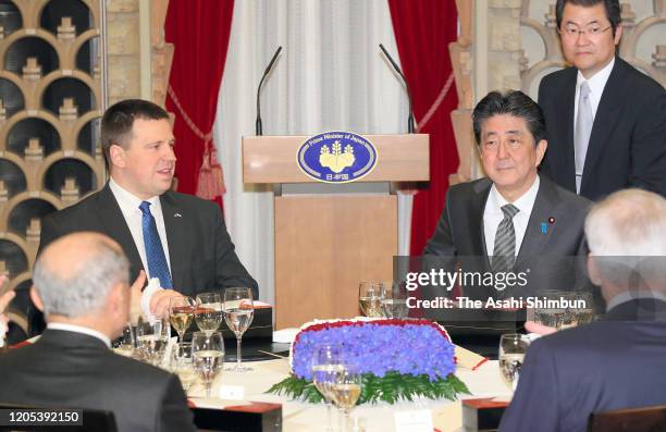 Estonian Prime Minister Juri Ratas and Japanese Prime Minister Shinzo Abe attend their dinner at the prime minister's official residence on February...