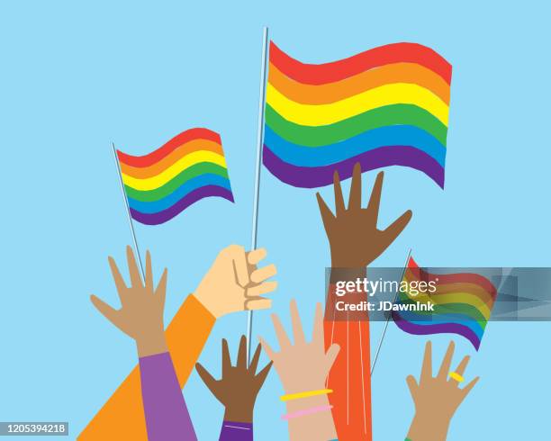 illustrazioni stock, clip art, cartoni animati e icone di tendenza di gruppo di manifestanti o attivisti multiculturali del gay pride mani in aria - manifestazione di orgoglio gay
