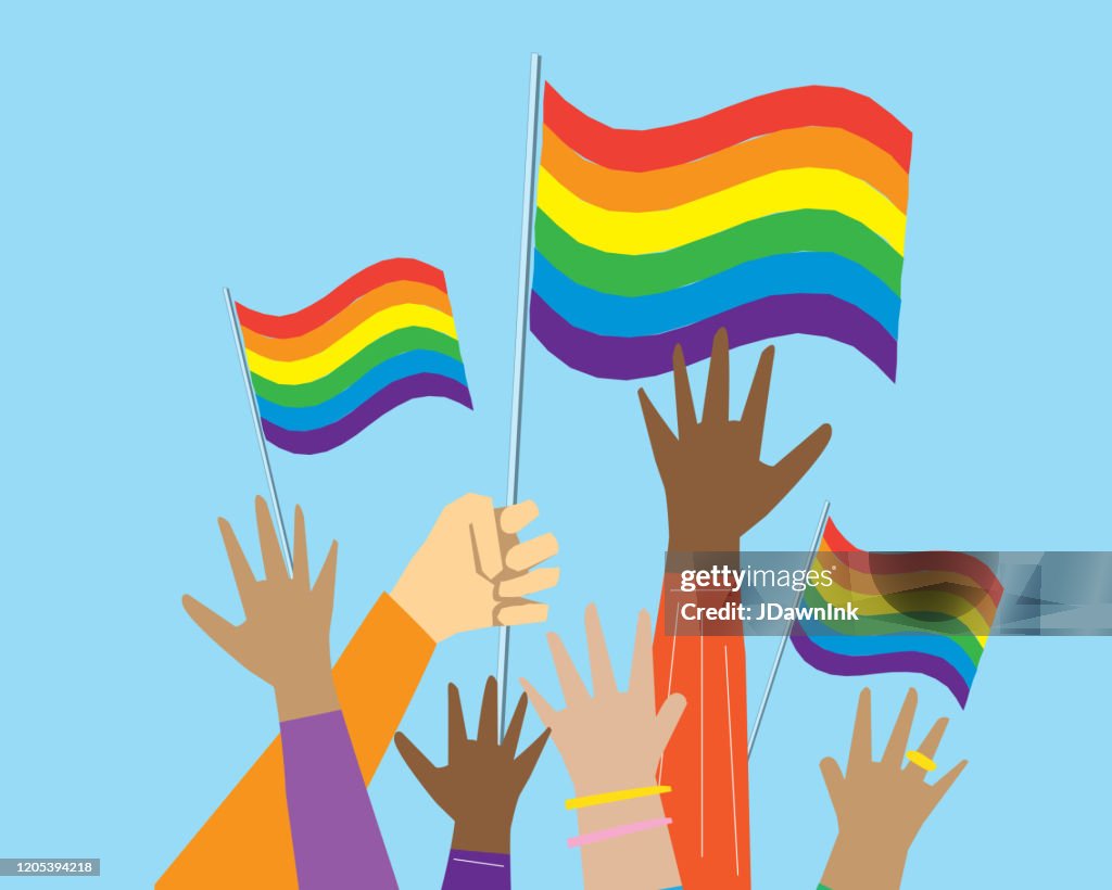 一群多元文化的同性戀驕傲抗議者或活動家在空中握手