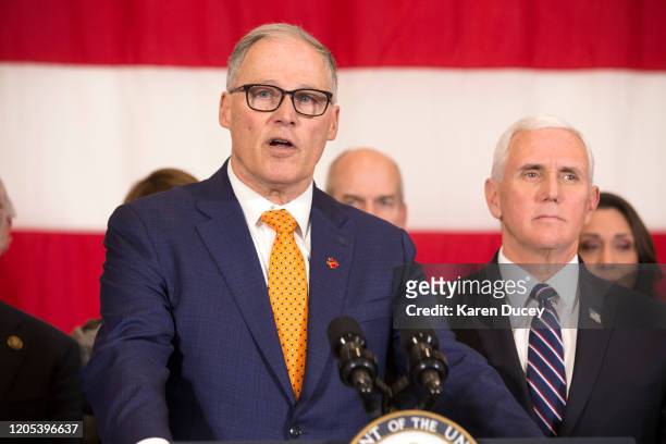 Washington State Governor Jay Inslee addresses the press during a visit by Vice President Mike Pence to discuss concerns over the coronavirus,...
