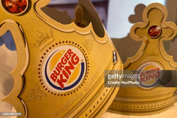 Burger King logos are seen on the paper crowns in restaurant in Krakow, Poland on February 28, 2020.