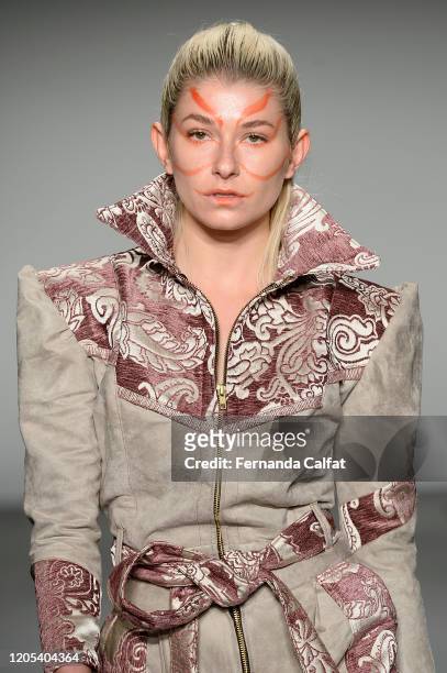 Model walks the runway for Shun Oyama Tokyo at Global Fashion Collective II during New York Fashion Week: The Shows at Pier 59 Studios on February...