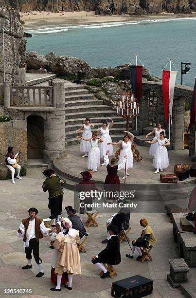 Members of the Shattered Windscreen Theatre Company perform Cyrano De Bergerac at the Minack Theatre on August 5, 2011 in Porthcurno, England. The...