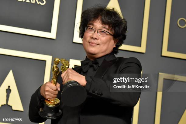 Writer-director Bong Joon-ho, winner of the Best Picture, Director, Original Screenplay, and International Feature Film awards for "Parasite," poses...