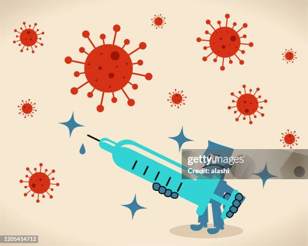 ilustraciones, imágenes clip art, dibujos animados e iconos de stock de científico (médico, bioquímico) sosteniendo una gran jeringa, concepto sobre una vacuna contra el nuevo virus y coronavirus - alergia