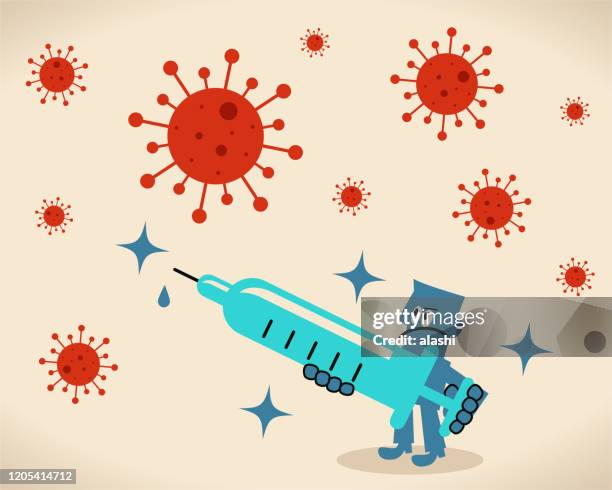 bildbanksillustrationer, clip art samt tecknat material och ikoner med forskare (läkare, biokemist) som håller en stor spruta, koncept om ett vaccin mot nytt virus och coronavirus - sticker vector