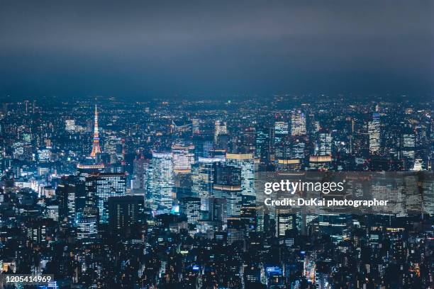 aerial view of tokyo at night - tokyo night stock pictures, royalty-free photos & images