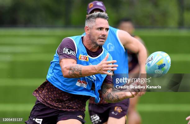 Corey Parker passes the ball during a Brisbane Broncos NRL training session on February 11, 2020 in Brisbane, Australia.