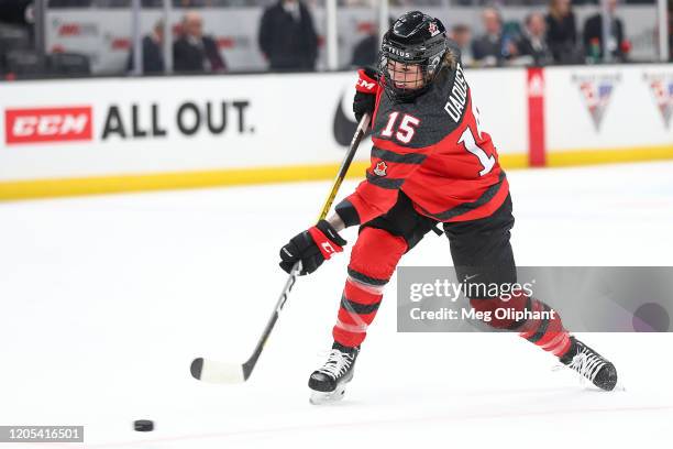 Mélodie Daoust of the Canadian Women's National Team warms up ahead of the game against the U.S. Women's Hockey Team at Honda Center on February 08,...