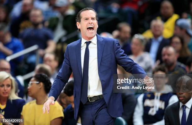 Kenny Atkinson the head coach of the Brooklyn Nets gives instructions to his team during the 106-105 win against the Indiana Pacers at Bankers Life...