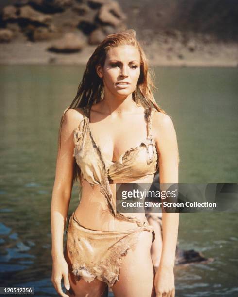 Raquel Welch, US actress, wearing an animal hide bikini in a publicity portrait issued for the film, 'One Million Years BC', 1966. The action...