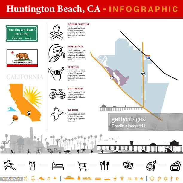 huntington beach california infographic set - huntington beach california stock illustrations
