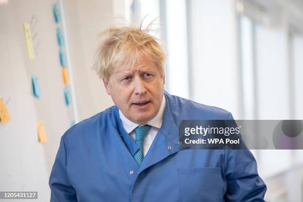 Prime Minister Boris Johnson visits the Mologic Laboratory in the Bedford technology Park on March 06, 2020 in Bedford, England. The Prime Minister...