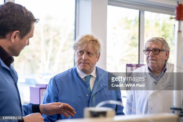 Prime Minister Boris Johnson visits the Mologic Laboratory in the Bedford technology Park on March 06, 2020 in Bedford, England. The Prime Minister...