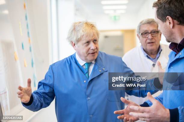 Prime Minister Boris Johnson visits the Mologic Laboratory in the Bedford technology Park on March 06, 2020 in Bedford, England. The Prime Minister...