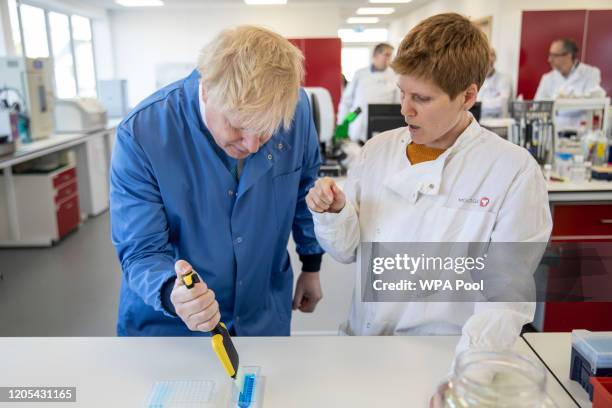 Prime Minister Boris Johnson visits the Mologic Laboratory in the Bedford technology Park on March 06, 2020 in Bedford, England. The Prime Minister...