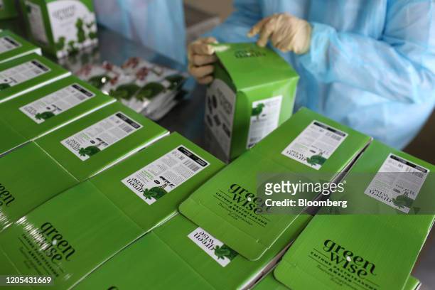 Workers pack boxes of vegetable-based meat-free beef jerky at the Greenwise LLC plant in Maloyaroslavets, Russia, on Friday, Feb. 28, 2020. Awareness...