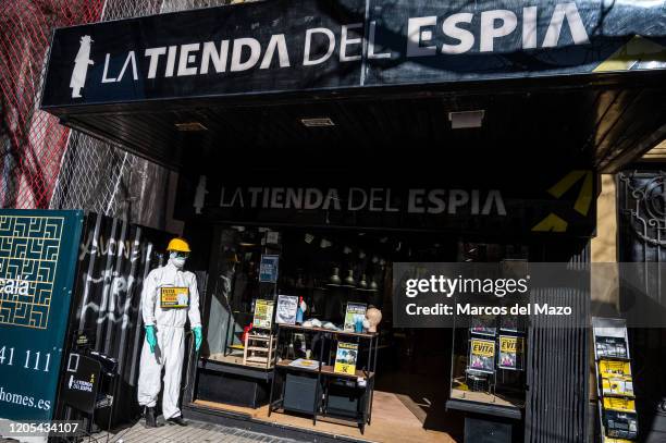 The shop 'La tienda del Espia' showing one of their latest products, a Coronavirus wine named 'Coronavinus, the antidote for people who are not...