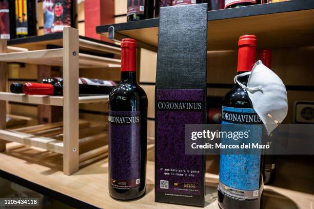 The shop 'La tienda del Espia' showing one of their latest products, a Coronavirus wine named 'Coronavinus, the antidote for people who are not...