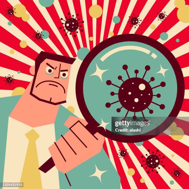 ilustraciones, imágenes clip art, dibujos animados e iconos de stock de científico (doctor, bioquímico) sosteniendo una lupa encontrando el nuevo virus y coronavirus - encontro social