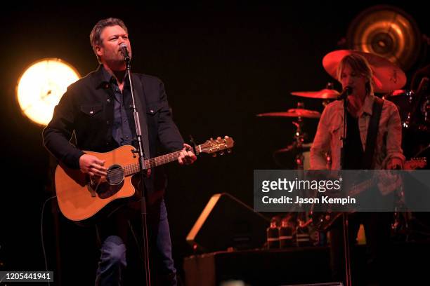 Blake Shelton and Keith Urban perform at All for the Hall: Under the Influence Benefiting the Country Music Hall of Fame and Museum at Bridgestone...