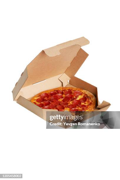 pepperoni pizza in a box on a white background - pizza box stock-fotos und bilder