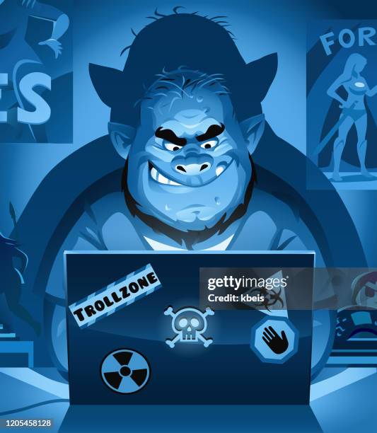 internet troll at night - smiling-man-at-computer stock illustrations