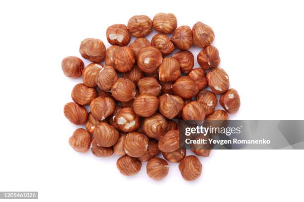 hazelnuts isolated on white background - hazelnut meal stockfoto's en -beelden