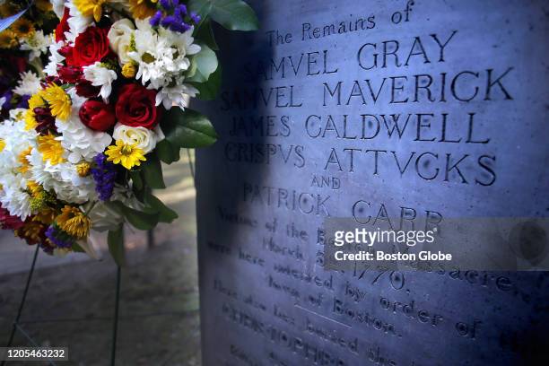 Wreath was placed adjacent the marker for the victims of the Boston Massacre, Crispus Attucks, James Caldwell, Patrick Carr, Samuel Gray, and Samuel...