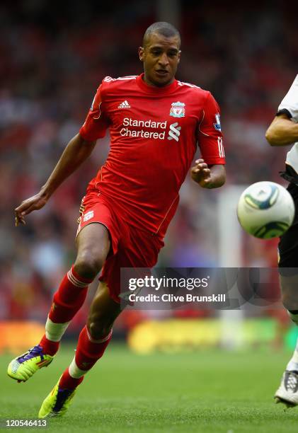 David Ngog of Liverpool in action during the pre season friendly match between Liverpool and Valencia at Anfield on August 6, 2011 in Liverpool,...