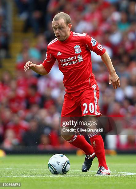 Jay Spearing of Liverpool in action during the pre season friendly match between Liverpool and Valencia at Anfield on August 6, 2011 in Liverpool,...