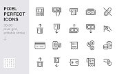Atm machine line icon set. Withdraw money, deposit, hand taking cash, receipt minimal vector illustration. Simple outline signs for payment terminal application. 30x30 Pixel Perfect. Editable Strokes