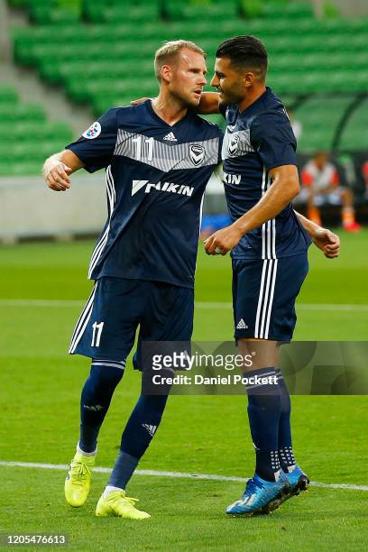 Ola Toivonen of the Victory celebrates after kicking a penalty goal during the AFC Champions League Group E match between Melbourne Victory and...
