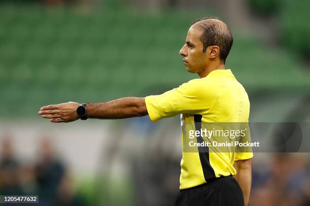 Referee Turki Mohammed Al Khudayr signals a penalty to Ola Toivonen of the Victory during the AFC Champions League Group E match between Melbourne...