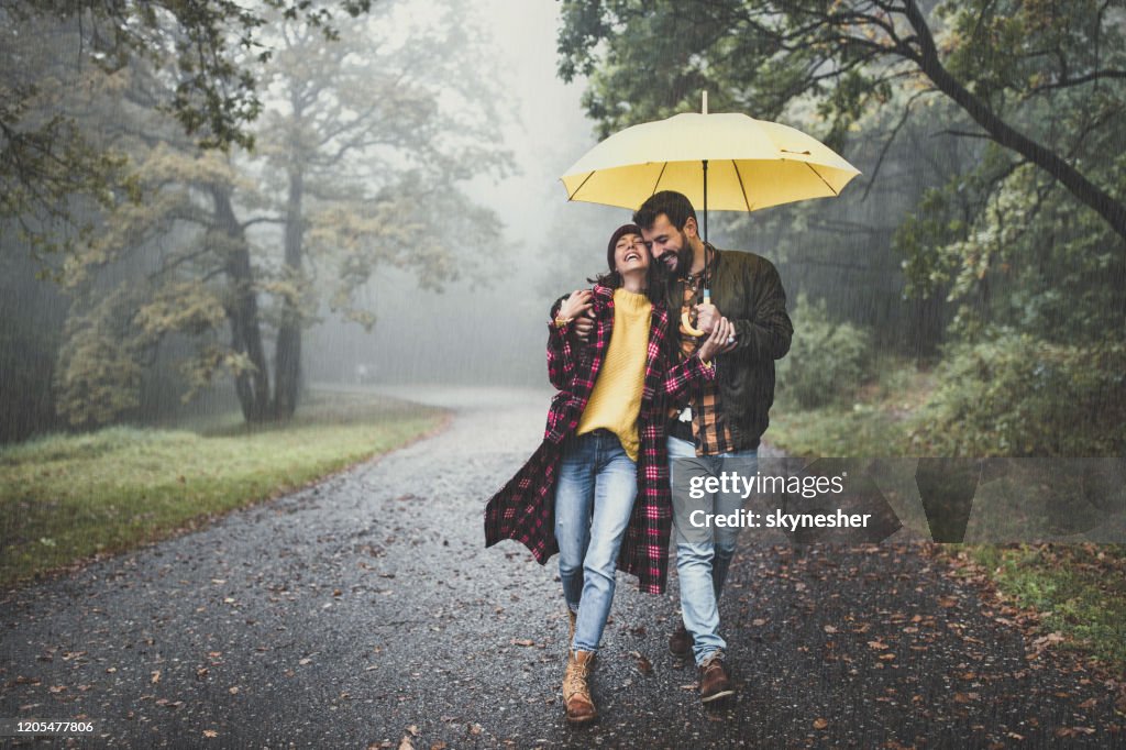 Gelukkig omhelsd paar dat met paraplu bij mistig bos loopt.