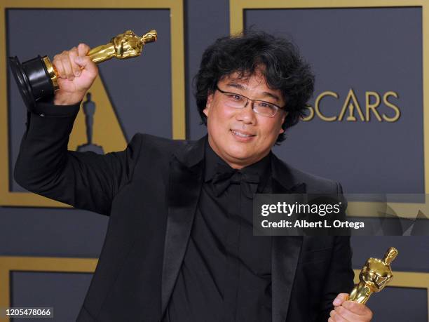 Bong Joon Ho poses with his Award for Best Director, Best Picture inside The Press Room of the 92nd Annual Academy Awards held at Hollywood and...