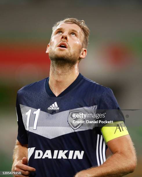Ola Toivonen of the Victory reacts after an unsuccessful shot on goal during the AFC Champions League Group E match between Melbourne Victory and...