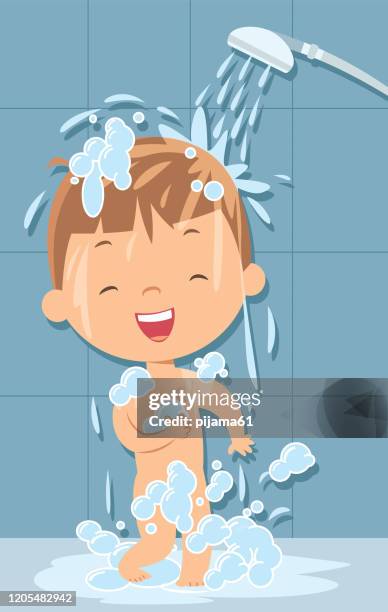 ilustraciones, imágenes clip art, dibujos animados e iconos de stock de ducha de niño - regadera