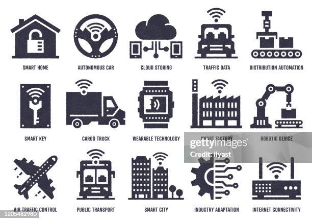 internet of things telecommunications vector icon pack with stipple texture effect - smart factory stock illustrations