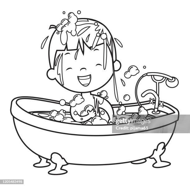 ilustrações de stock, clip art, desenhos animados e ícones de coloring book, boy in the bathtub - taking a bath